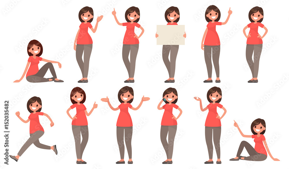 Set of a woman in casual clothes in different poses. A character for your  project. Vector illustration Stock-Vektorgrafik | Adobe Stock