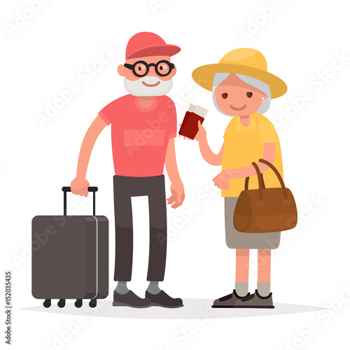 Elderly couple of tourists. Grandmother and grandfather with suitcases are traveling to travel. Vector illustration