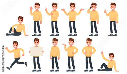 Set of a guy in casual clothes in different poses. A character for your project. Vector illustration in a flat style photo
