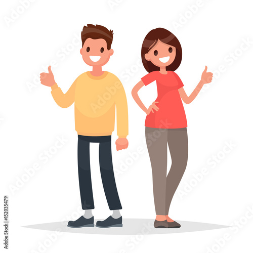 Thumb lifted up. Cool. Man and woman show approval gesture. Vector illustration