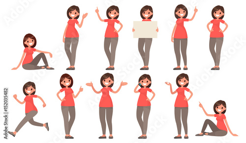 Set of a woman in casual clothes in different poses. A character for your project. Vector illustration
