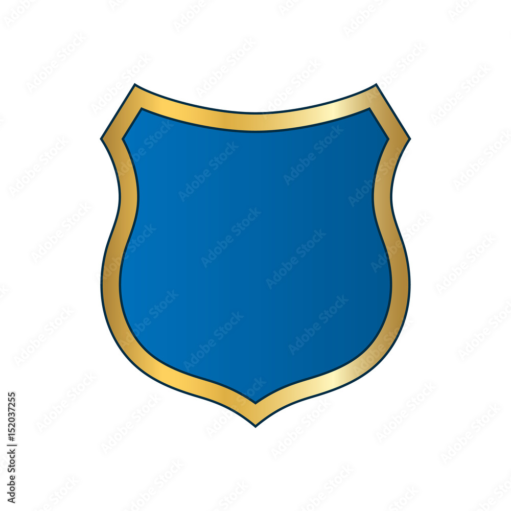 Gold-blue shield shape icon. Bright logo emblem metallic sign isolated on white background. Empty shape shield. Symbol of security, protection, defense. Shiny element design Vector illustration Gold-blue shield shape icon. Bright logo emblem metallic sign isolated on white background. Empty shape shield. Symbol of security, protection, defense. Shiny element design Vector illustration