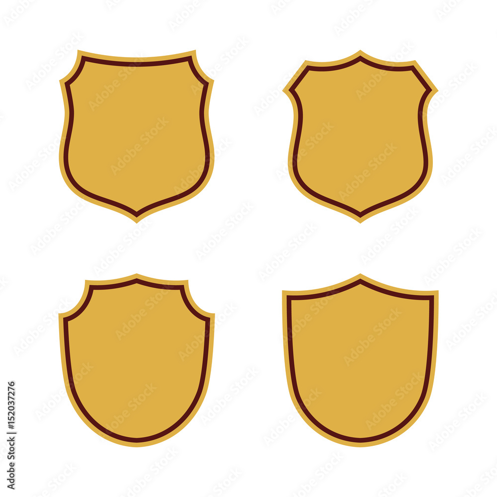 Shield shape gold icons set. Simple silhouette flat logo on white background. Symbol of security, protection, safety, strong. Element for secure protect design emblem decoration Vector illustration Shield shape gold icons set. Simple silhouette flat logo on white background. Symbol of security, protection, safety, strong. Element for secure protect design emblem decoration Vector illustration