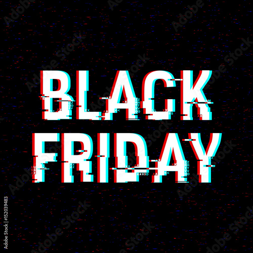 Black Friday glitch text. Anaglyph 3D effect. Technological retro background. Online shopping concept. Sale, e-commerce, retailing, discount theme. Vector illustration. Creative web template