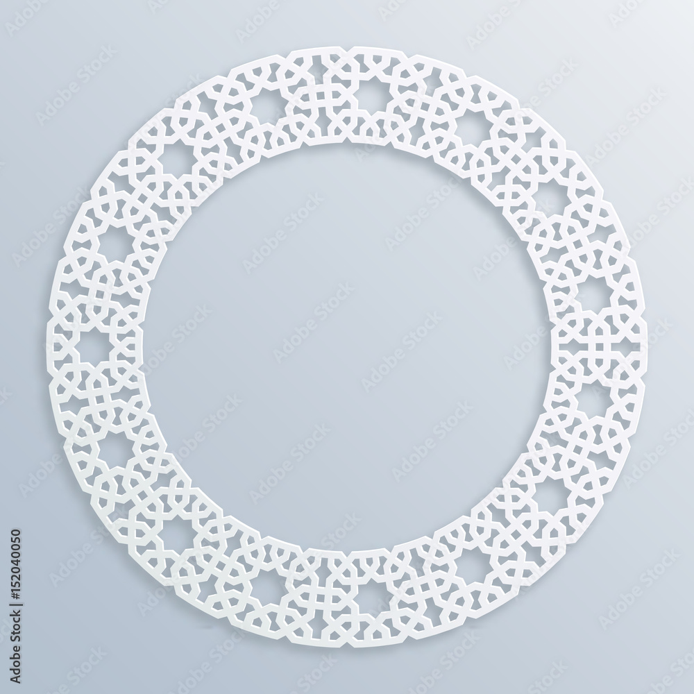3D round white frame, vignette. Islamic geometric border Vector muslim, persian motif. Elegant oriental ornament 3D round white frame, vignette. Islamic geometric border Vector muslim, persian motif. Elegant oriental ornament