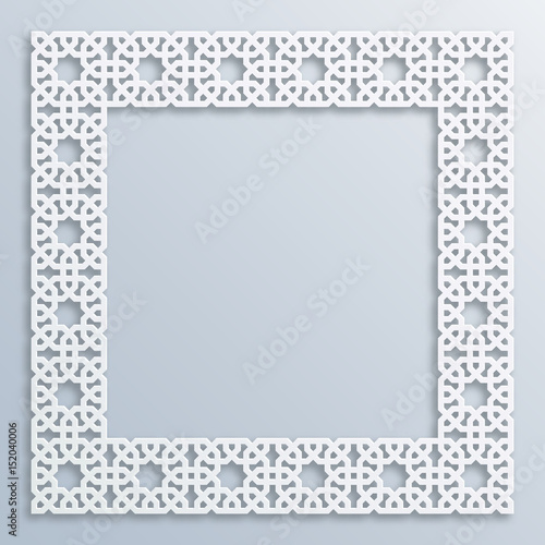 3D square white frame, vignette. Islamic geometric border Vector muslim, persian motif. Elegant oriental ornament