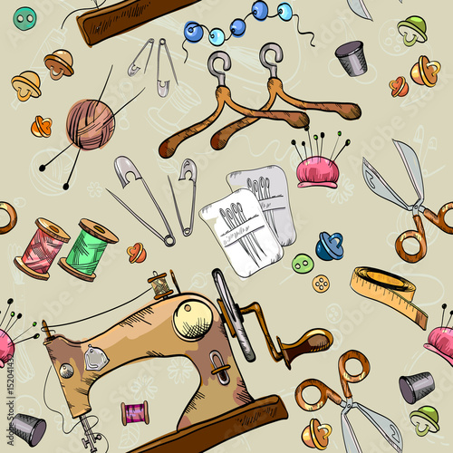Tailor seamless pattern vector. Studio on tailoring tools seamstress fashion designer needlework sewing machine seamless pattern vector