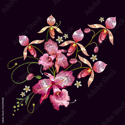 Orchids embroidery. Beautiful tropical orchids flower. Template for clothes, textiles