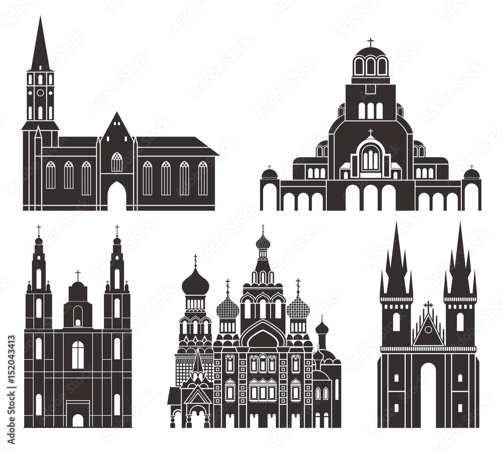 Eastern Europe. Isolated European buildings on white background