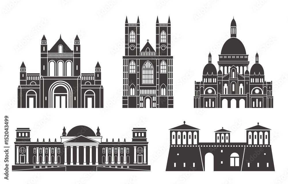 Western Europe. Isolated European buildings on white background