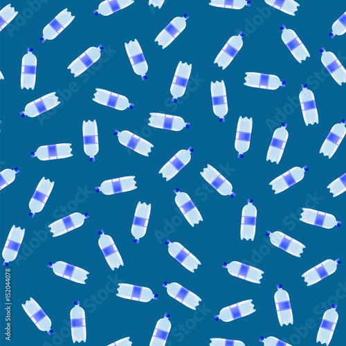 Plastic Water Bottles Seamless Pattern on Blue Background