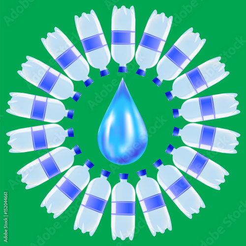 Set of Plastic Water Bottles and Blue Water Drop Isolated on Green Background