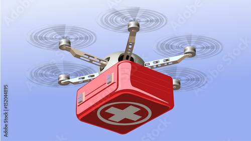 Drone Delivering First Aid Box. Technology in Medical Industry Concept Vector Illustration.