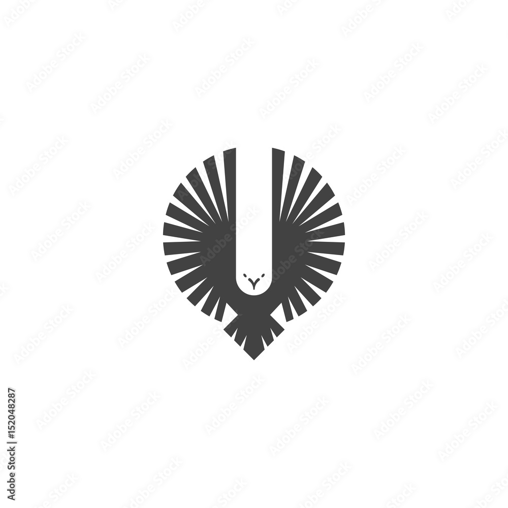 Obraz premium Eagle logo, emblem of a flying hawk hunter, silhouette of a bird of predator with wings directed upwards in the style of negative space, design element template for printing on a T-shirt