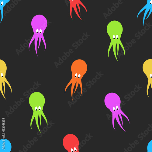 Cartoon octopus seamless pattern of sea life bright colors. Doodle oceanic colrful animal on black background. Endless marine texture for fabric or wrapping paper.
