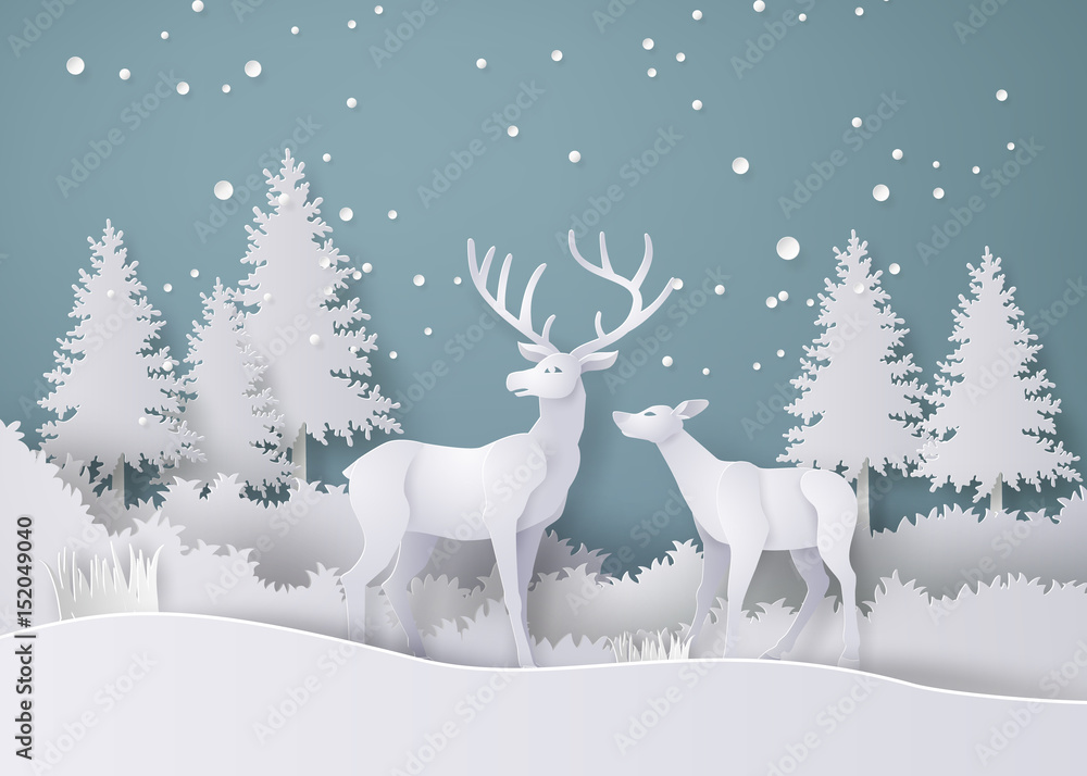Fototapeta premium Deer in forest with snow in the winter season.vector paper art style.