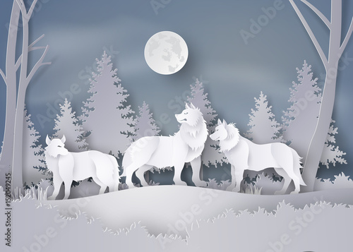 Wolf in forest with snow and fullmoon