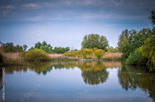 Canal with trees and vegetation reflected in the water. Specific landscape of this area.