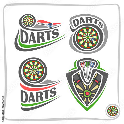Vector set icons for Darts game: thrown arrow in bullseye of dartboard, 4  abstract clip art logo with title text - darts, graphic image of sports  emblem shield on dart board theme,