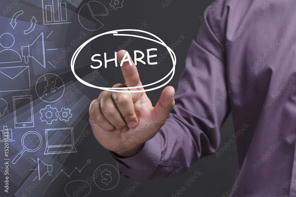Business, Technology, Internet and network concept. Young businessman shows the word: Share Business, Technology, Internet and network concept. Young businessman shows the word: Share