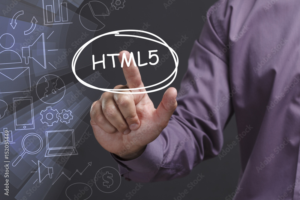 Business, Technology, Internet and network concept. Young businessman shows the word: HTML5 Business, Technology, Internet and network concept. Young businessman shows the word: HTML5