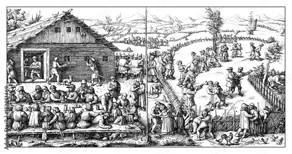 Obraz premium Middle Ages rural fest from Daniel Hopfer. Peasant celebrated several festivals at harvest time and during the year, related to religion and nature