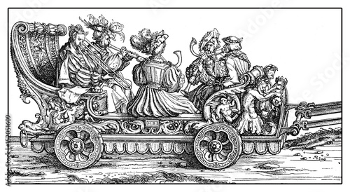 Chariot with trumpets and horns in festive procession from Hans Burgkmair's Triumph of Maximilian I, woodcut print from XVI century