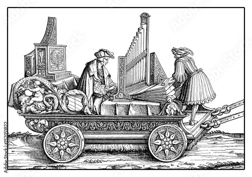 Carriage with organ and musicants playing in festive procession, from Hans Burgkmair's Triumph of Maximilian I, woodcut print from XVI century