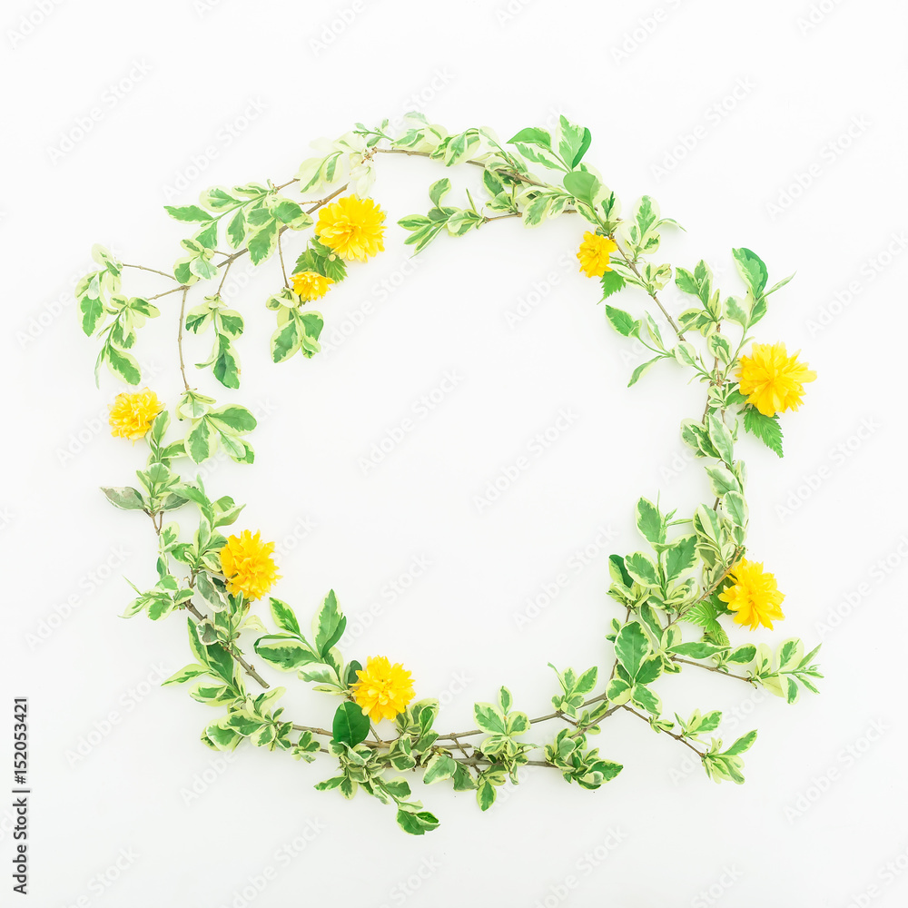Floral round frame made of branches with leaves and yellow flowers on white background. Flat lay, top view. Floral background. Floral round frame made of branches with leaves and yellow flowers on white background. Flat lay, top view. Floral background.