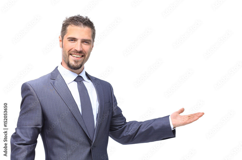 Young businessman presenting your product, isolated over a white Young businessman presenting your product, isolated over a white