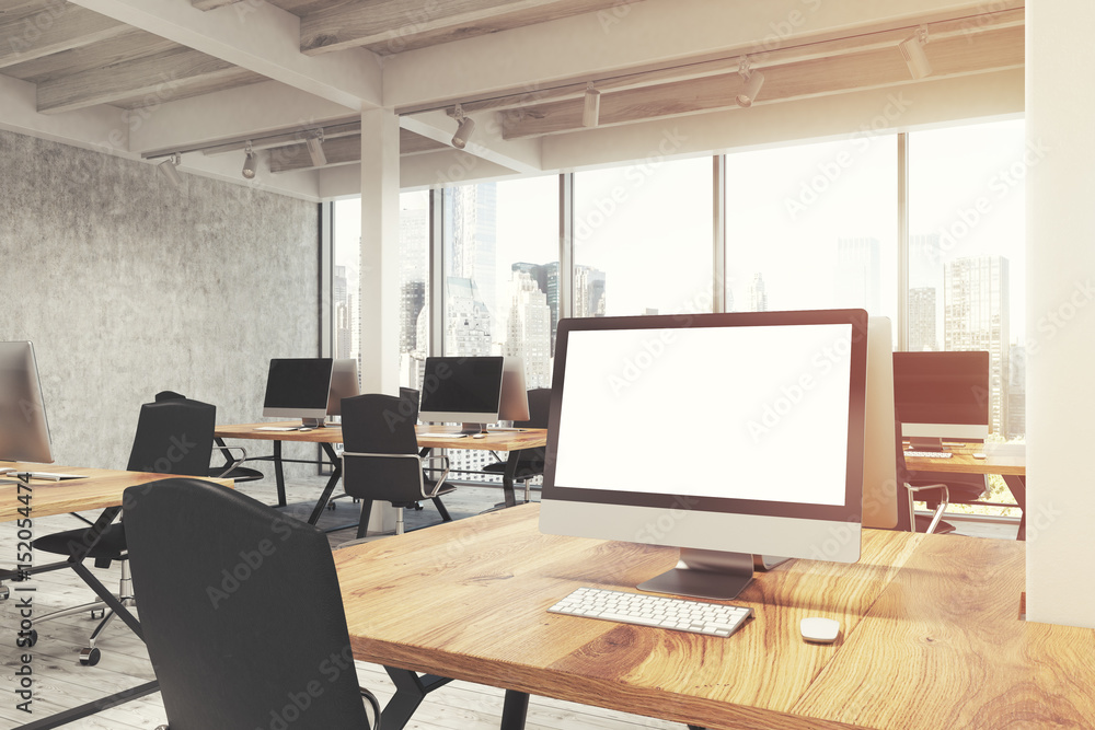 Fototapeta premium Open office with pillars, close up, toned