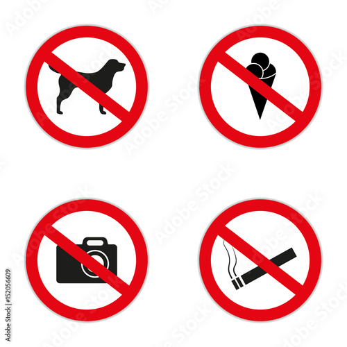 set of prohibition signs at the entrance to the store or shop. Not allowed icons: no dogs, ice cream, smoking, skates, bike, photo, fire, smartphone, eat,run