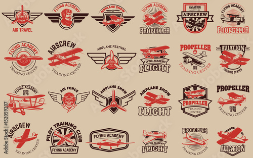 Set of airplane training center emblems. Design elements for logo, label, emblem, sign. Vector illustration.