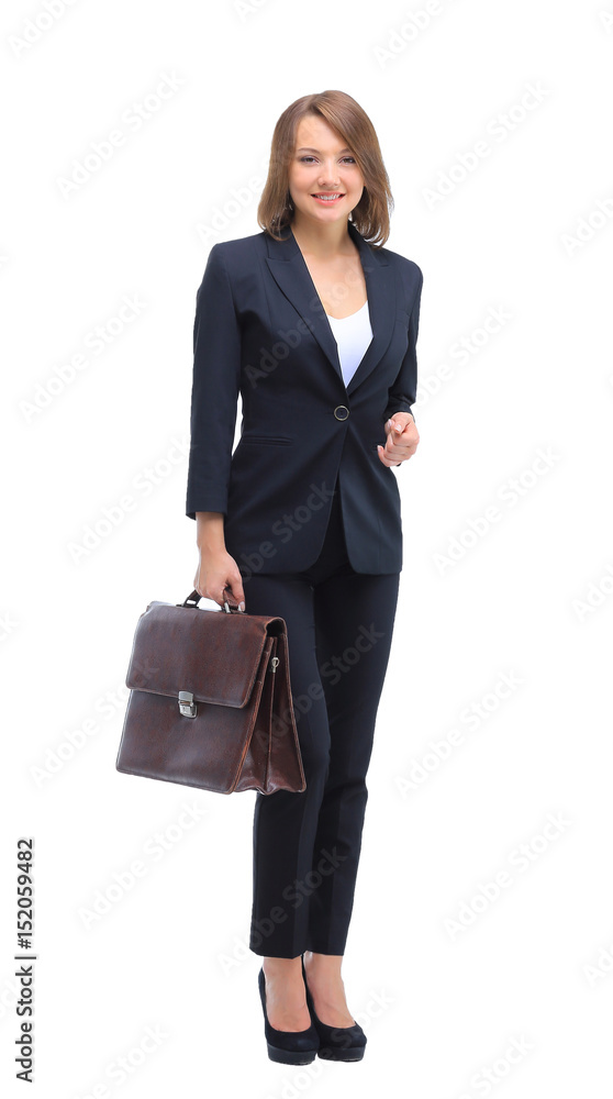 Portrait of businesswoman handing suitcase, isolated on white Portrait of businesswoman handing suitcase, isolated on white