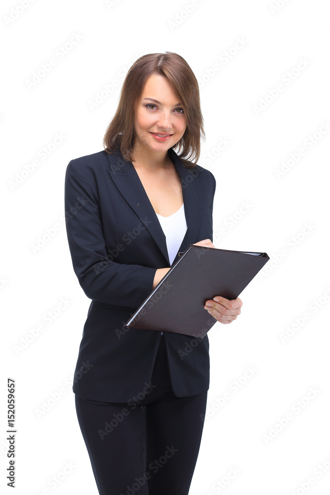 Full-length portrait of businesswoman keeping folder, isolated o Full-length portrait of businesswoman keeping folder, isolated o