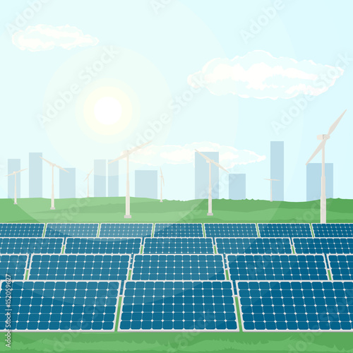 Solar panels installed near city produce green energy from sun, and windmills produce energy from wind. Flat vector illustration of the production of clean renewable energy.
