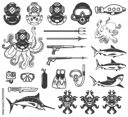 Big set of diving icons. Diver equipment, weapon, sea animals. Design elements for logo, label, emblem, sign, poster,t-shirt. Vector illustration