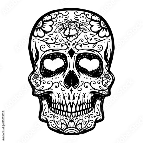 Hand drawn Sugar skull isolated on white background. Day of the dead. Design element for poster, t-shirt. Vector illustration