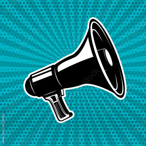 Vintage megaphone on pop art style background. Design element for poster, emblem, flyer. Vector illustration