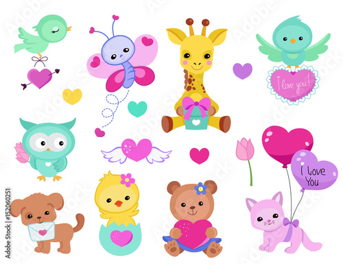 Collection of cute cute animals for Valentine s Day  weddings  congratulations  declarations of love.