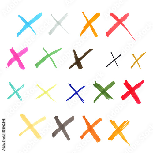 Set of hand drawn with marker colorful crosses isolated on white background.