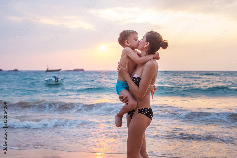 A family is having fun at the seashore