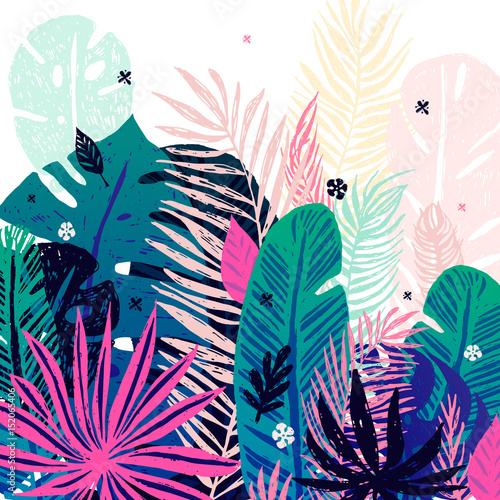Multicolor trendy tropical background, exotic leaves. Vector botanical illustration, elements for design.