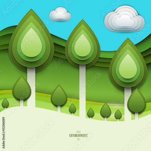 Paper cut cartoon nature landscape with green tree, hills and clouds in realistic trendy craft style. Modern origami design. World environment day concept greeting card, banner. Vector illustration.