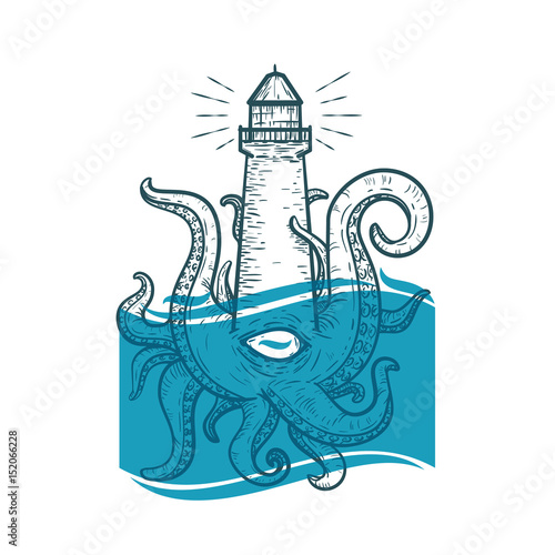 Hand drawn vintage lighthouse monster with tentacles and one eye. Creative original vector illustration in hipster retro style. Style design background for tattoo, textile, cover, poster.
