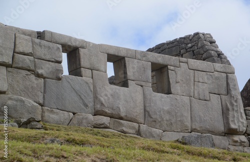 The incredible stone work of the Temple of three windows at the Machu Picchu site in Peru. 