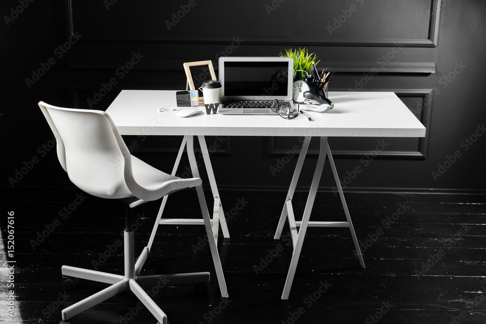 Fototapeta premium Office leather desk table with computer, supplies