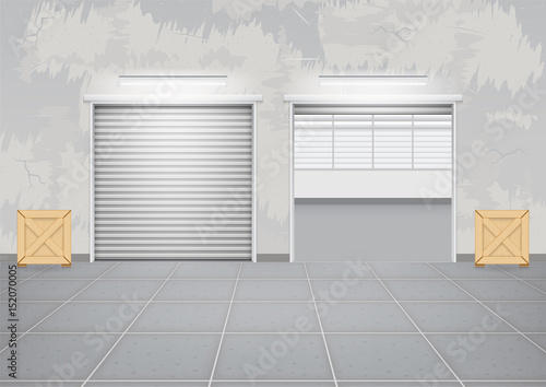 Storefront or shopfront is a facade or commercial building. Exterior with door and floor or entryway for retail shop or store. Protection with security shutter or roller door. Vector illustration.