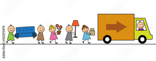 The family loads things in the lorry and is about to move to another house