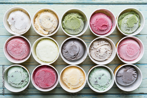 Top view Ice cream flavors in cup on background